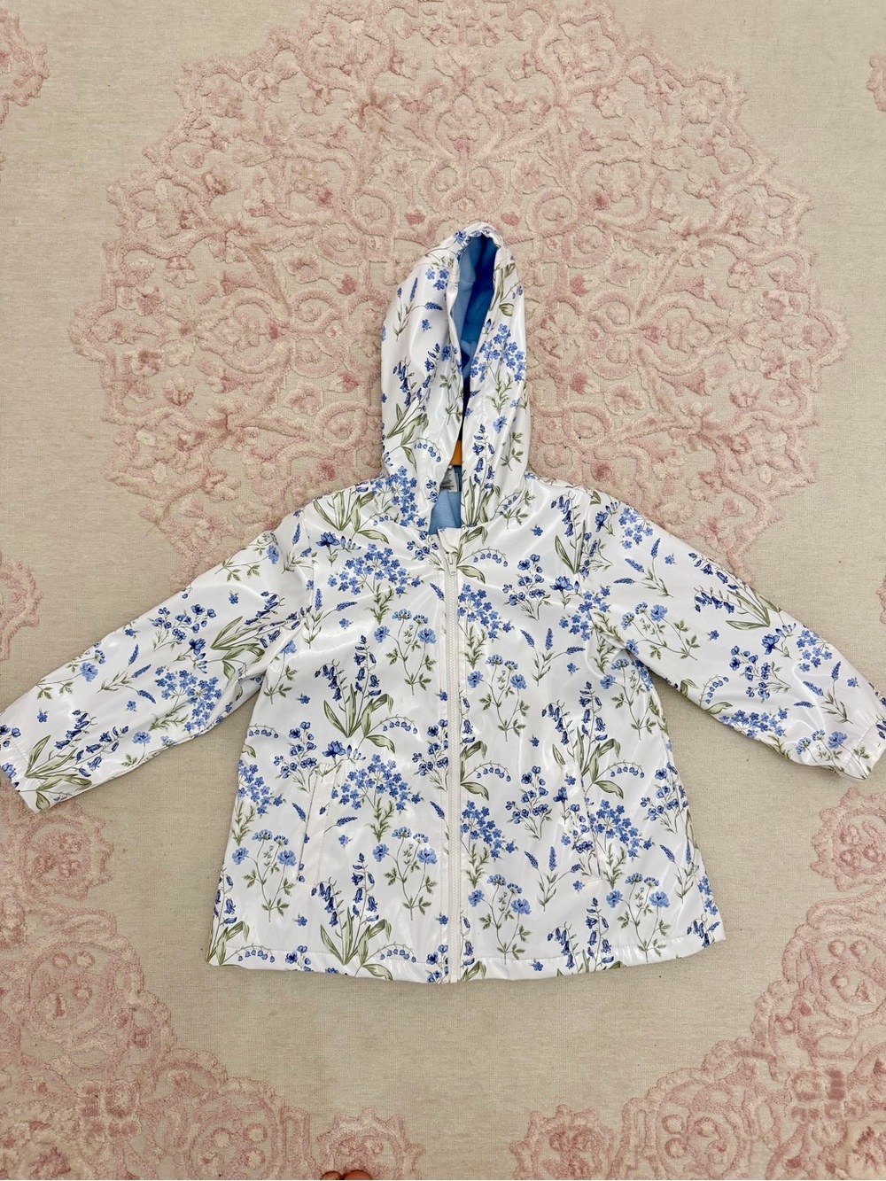Little Me White Hooded Raincoat with Blue Floral Print